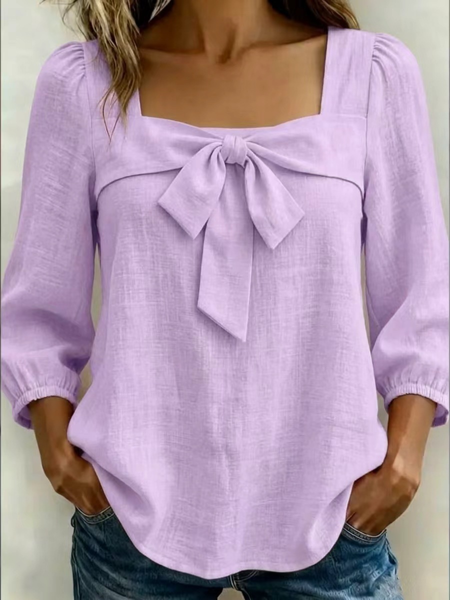 Women's Clothing Women's Style Square Neck Blouse Bow Tie Top Puff Sleeves Three Quarter Length Elegant Outfit_ecoleips.com
