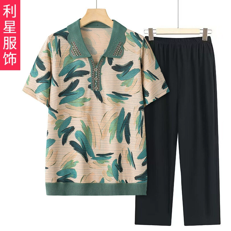 Летняя одежда для среднего и пожилого возраста, костюм, футболка с короткими рукавами для бабушки, Вязаная летняя одежда для мамы из двух предметов, женская одежда для старика