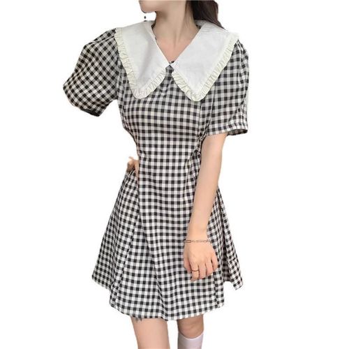 Doll Collar Grid Patchwork Skirt Women Summer French Short Sleeve One-Step Skirt Cute Japanese Short Skirt