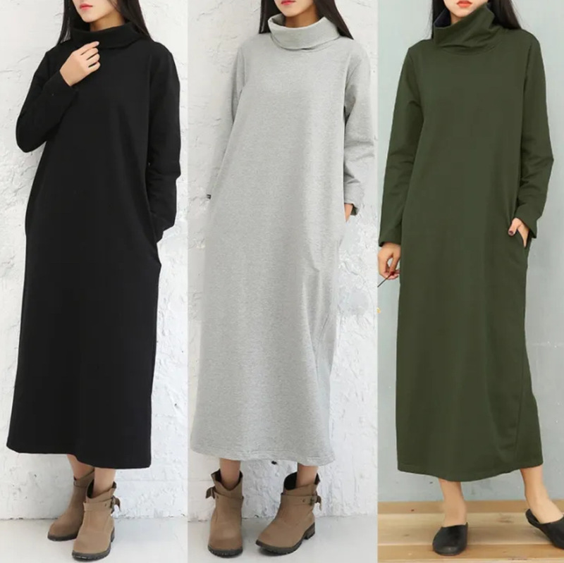 Muslim Muslim Women Long Sleeve High Neck Thremal Warm Solid Color High Neck Maxi Straight Dress