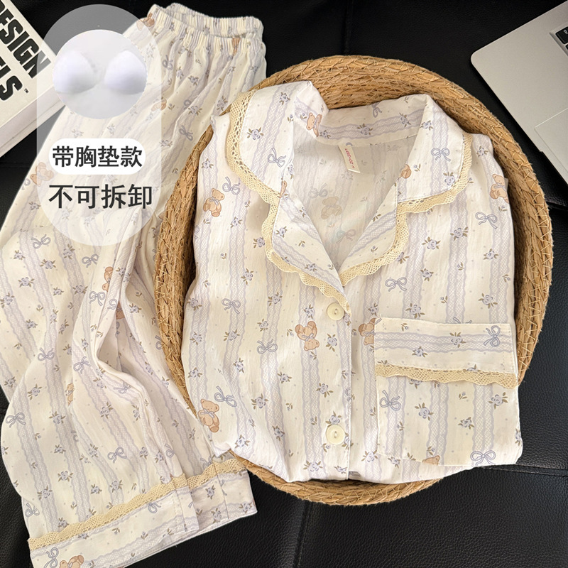 Large Size Pajamas with Breast Pads for Women, Spring, Autumn and Summer, Cloud Pure Cotton Gauze, Cute and Sweet Bear Long-Sleeved Student Two-Piece Set Large Size Pajamas with Breast Pads for Women, Spring, Autumn and Summer, Cloud Pure Cotton Gauze, Cute and Sweet Bear Long-Sleeved Student Two-Piece Set