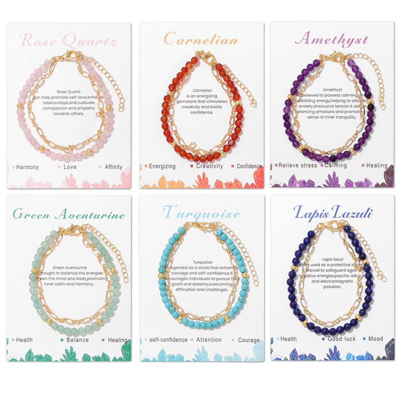 Cross-border New Natural Stone Beads Bracelet Amethyst 18k Gold Double Healing Bracelet Card Beaded Wholesale