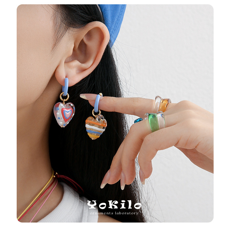 YOK cute color dopamine heart colorful love stars rabbit colored glaze handmade oil earrings women