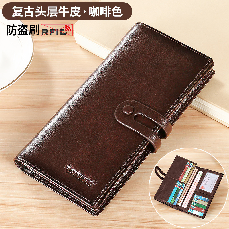 Cartera de cuero de capa larga para hombre, posición de múltiples tarjetas, bolso de embrague de cuero retro, billetera de cepillo antirrobo, hebilla de color