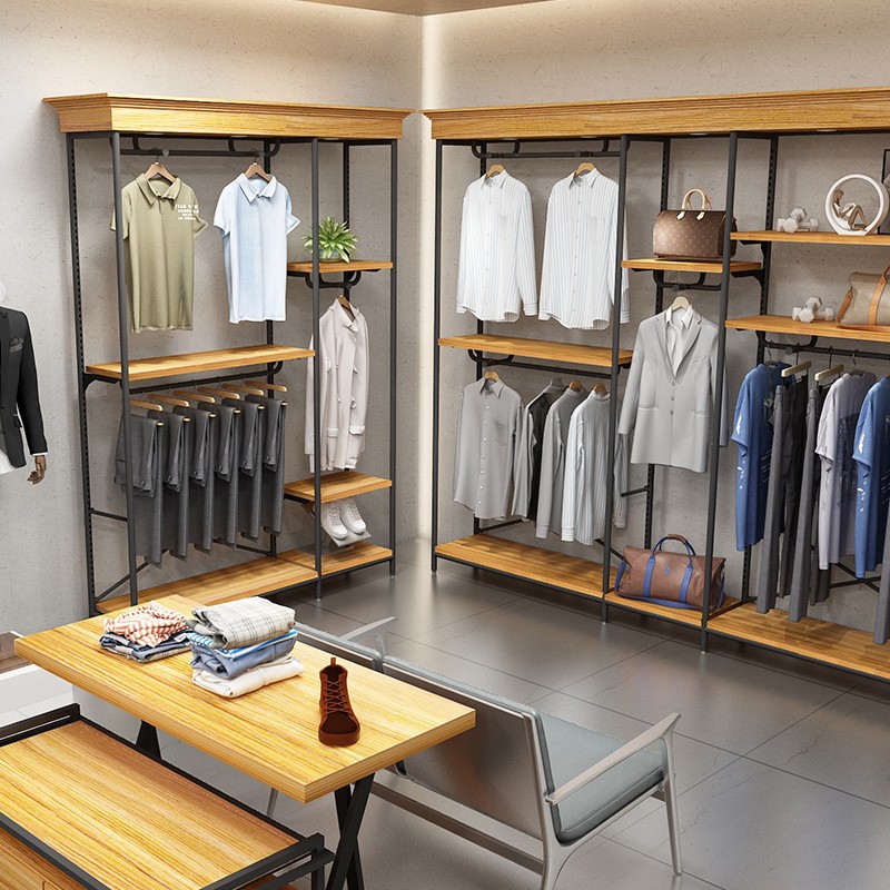 Tienda de ropa soporte de exhibición tipo piso percha de madera maciza montado en la pared estante de la isla con luces pantalones estante de exhibición estante de los hombres