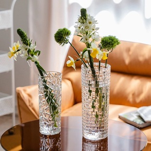 Acrylic Transparent Crystal Vase Anti-Fall Vertical Pattern Ins Vase Decoration Living Room Flower Arrangement High-End Simple New Style