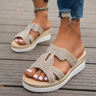 2025 New Rhinestone European and American Open Toe Slippers Wear Spring plus size Foreign Trade Thick Bottom Wedge Sandals for Women