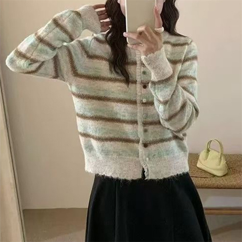 撞色复古条纹蕾丝花边针织开衫女秋冬新款韩版慵懒风彩扣毛衣外套|undefined