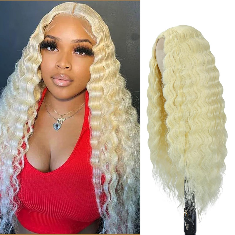 Cross-Border European and American Wigs, Water Ripple Long Curly Hair Front Lace Wigs, Chemical Fiber Middle Parted Wig Headgear Manufacturers Wholesale