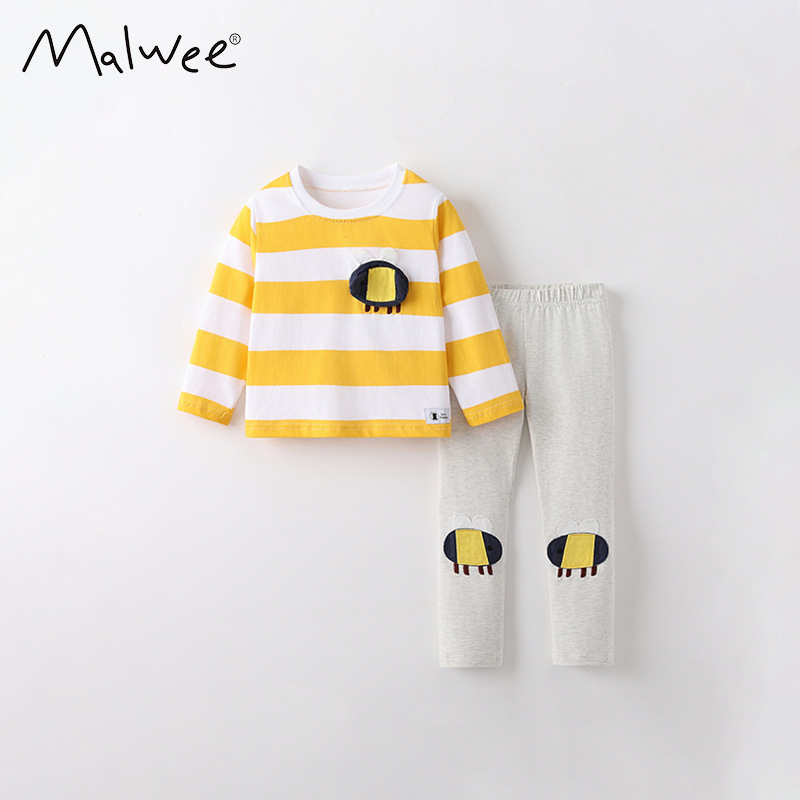 Malwee transfronterizo juego de niñas otoño y invierno nuevo cuello redondo con rayas largas de manga larga para niños europeos y estadounidenses juegos de dos piezas casuales