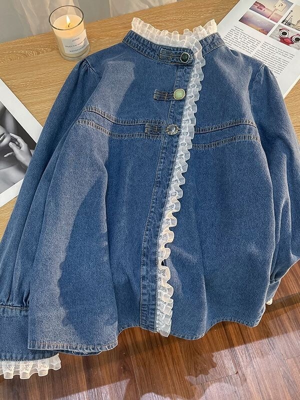 Stylish lace denim shirt for women, autumn/winter collection, plus size, Hong Kong-style retro short jacket, shirt, and top Stylish lace denim shirt for women, autumn/winter collection, plus size, Hong Kong-style retro short jacket, shirt, and top