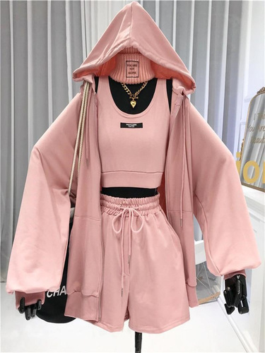 Sporty Set for Women, Spring/Summer Fashion, Casual, Youthful, Fitness Running, Fashionable Athleisure, Three-Piece Set with Hoodie and Shorts