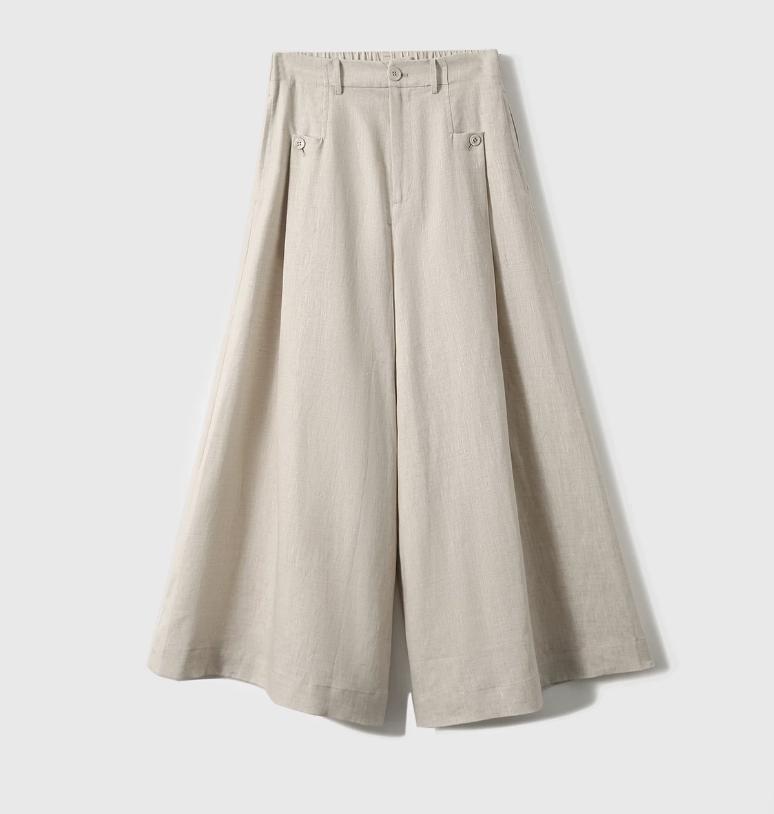 Quần culottes nữ ống rộng chất liệu linen mát mẻ mùa hè — Xanh lông mòng đen, màu trắng, màu mơ chi tiết 8