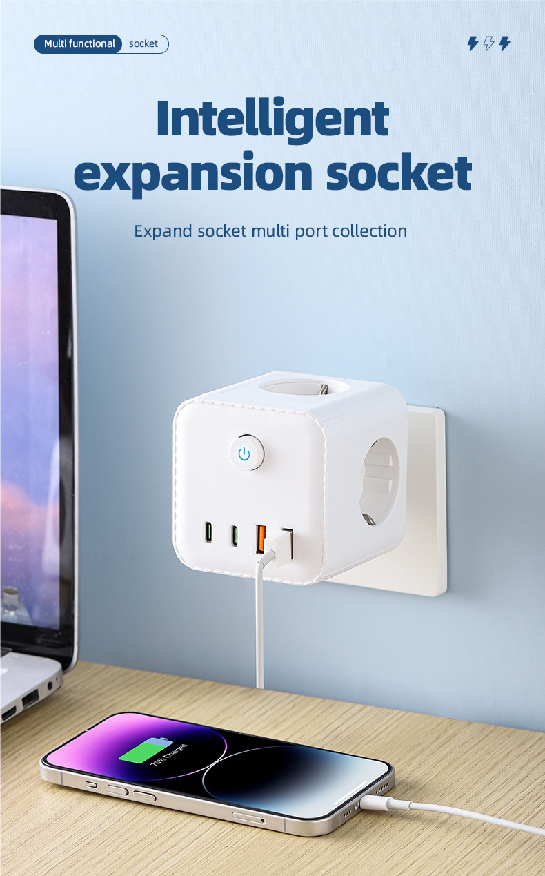 European Standard USB Cube Socket With Night Light/time Display/converter, Compact Multi-functional Power Strip For Home_voghion.com