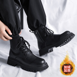 Martin Boots Men's Winter fleece-lined High-top British Style Men's Genuine Leather Thick-soled Mid-top Leather Shoes Height-increasing Workwear Boots