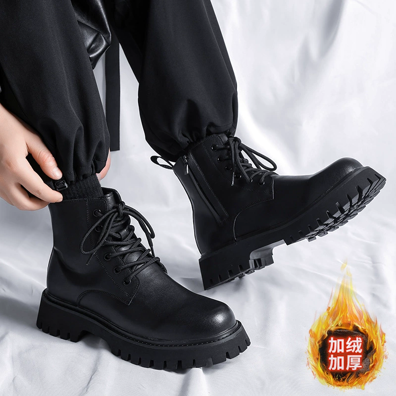 Мужские ботинки Мартин, зимние, на флисовой подкладке, высокие, в британском стиле, из мягкой кожи, на толстой подошве, средней высоты, увеличивающие рост, рабочие ботинки.