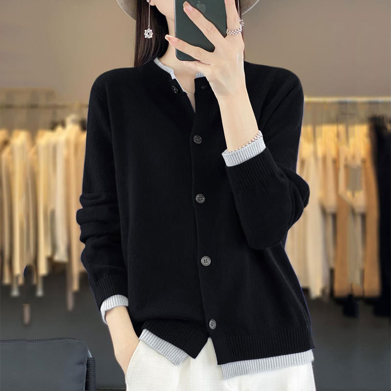 24 Autumn and Winter Round Neck Color Matching Fake Two-Piece 100% Wool Cardigan Women's Loose Knitted Knitwear Slim Outwear Knitted Top