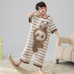 Children's One-Piece Pajamas, Boys' Short-Sleeved Modal Summer, Medium and Large Kidsren's Cartoon Boys' Anti-Kick Quilted One-Piece Home Clothes