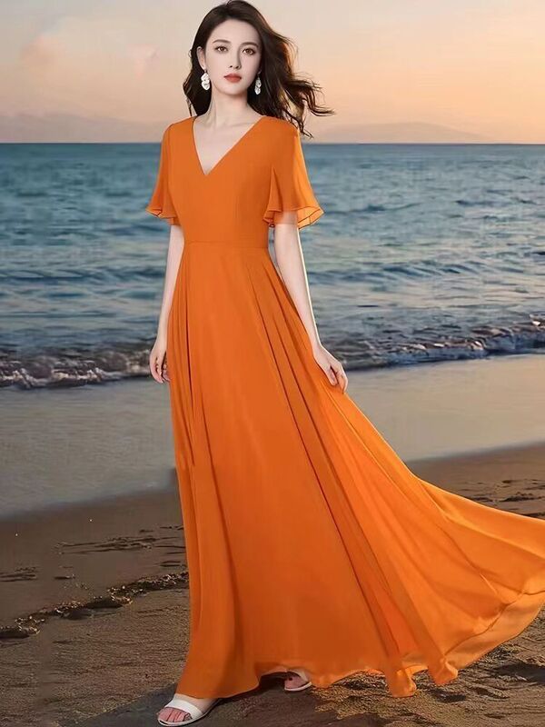 Orange Color Elegant Dress, New Style for Women, Summer Long Dress That Reaches the Ankles, with a Large Hem, Elegant and Slimming Beach Long Dress