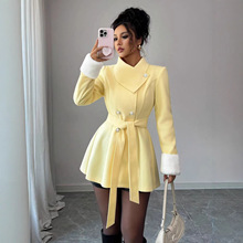 2025秋冬新款不对称领口带毛皮袖口收腰优雅时尚毛呢大衣外套