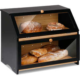 跨境木质双层面包收纳箱厨房面包存储箱柜台点心甜品透明展示箱