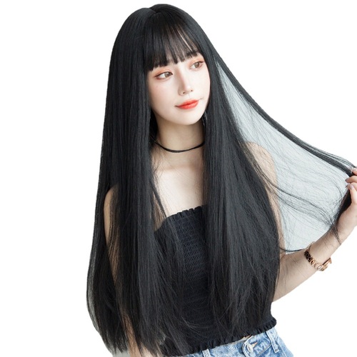 Female Trendy Korean/Japanese Hair Extensions Long Straight Air Bangs Natural Full Head Cover Wig One-Piece Human Hair
