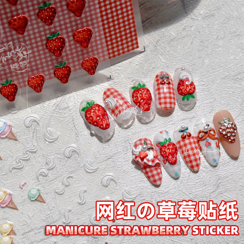 Pegatinas de uñas ins fresa en relieve ultrafino pequeño a cuadros frescos adhesivo nupcial uñas encaje decoración de uñas chica