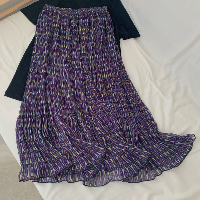 超飘逸复古神仙紫2023圆创高档雪纺几何印花中长款鱼尾百褶半身裙