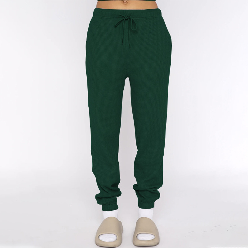 Spring Summer Solid Color Waffle round Neck Short Sleeve Women Clothing Casual Trousers Sets