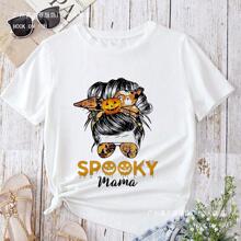 Mom Messy Bun Skull Mom T-shirt Camiseta Funny Women Hallowe