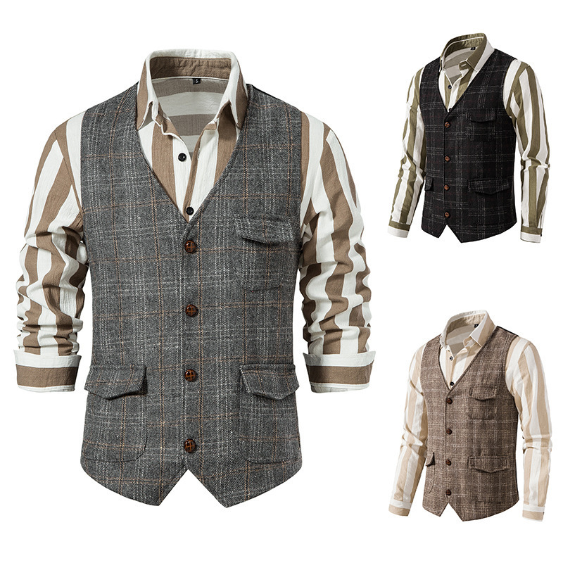 2023 Spring and Autumn Amazon Retro Men's Suit Vest Tweed British Casual Large Size Men's Fashion Vest