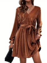 R 36981 V Neck Pleated Long Sleeve Dress �＾�¿�����ȹ