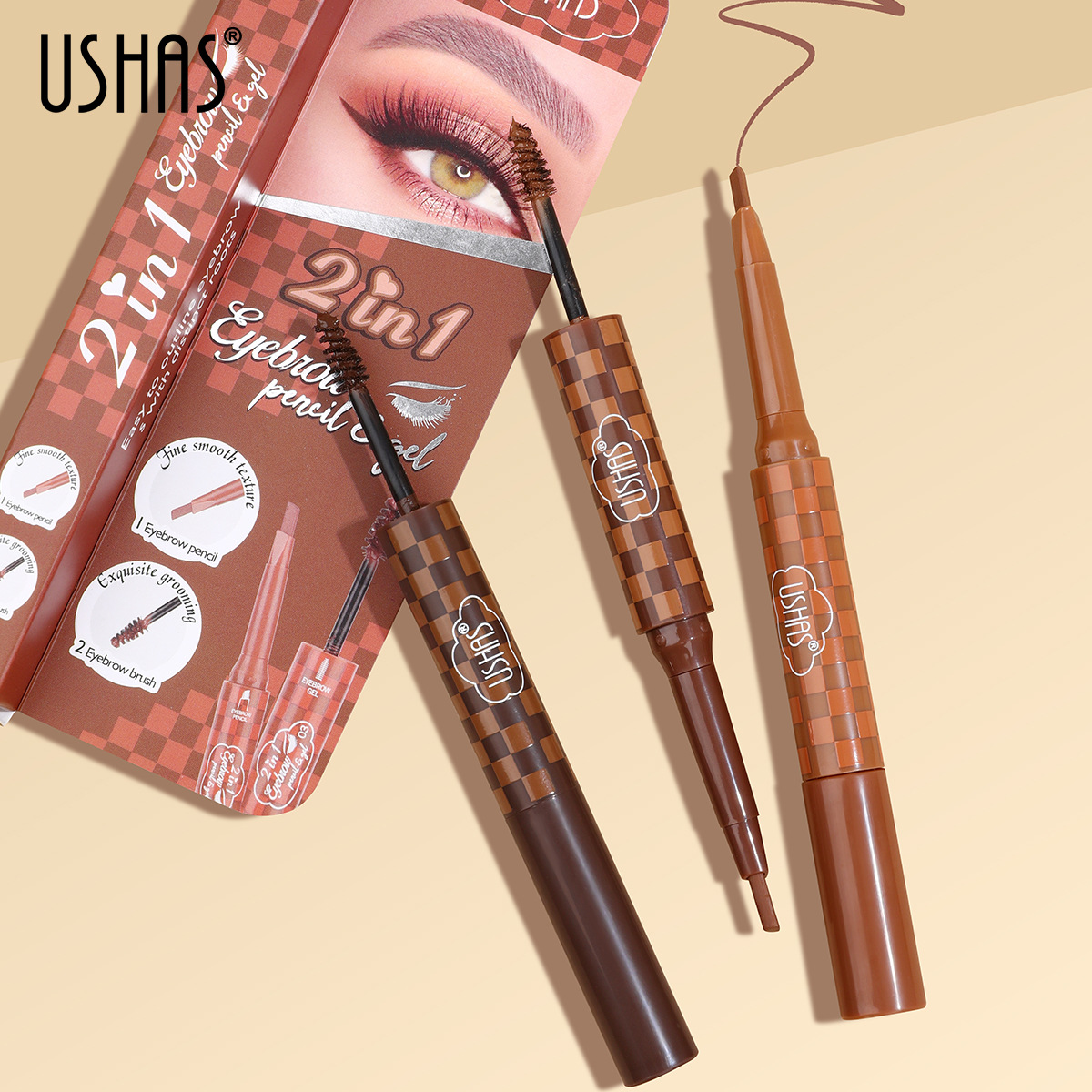 USHAS European and American Cross-border spot 3 colores multifunción no mancha impermeable a prueba de sudor lápiz de cejas cepillo de cejas caja de venta directa de fábrica