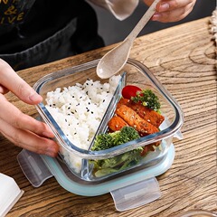 微波炉耐热玻璃上班族便携饭盒餐盒家用盒正方形分隔式密封保鲜盒