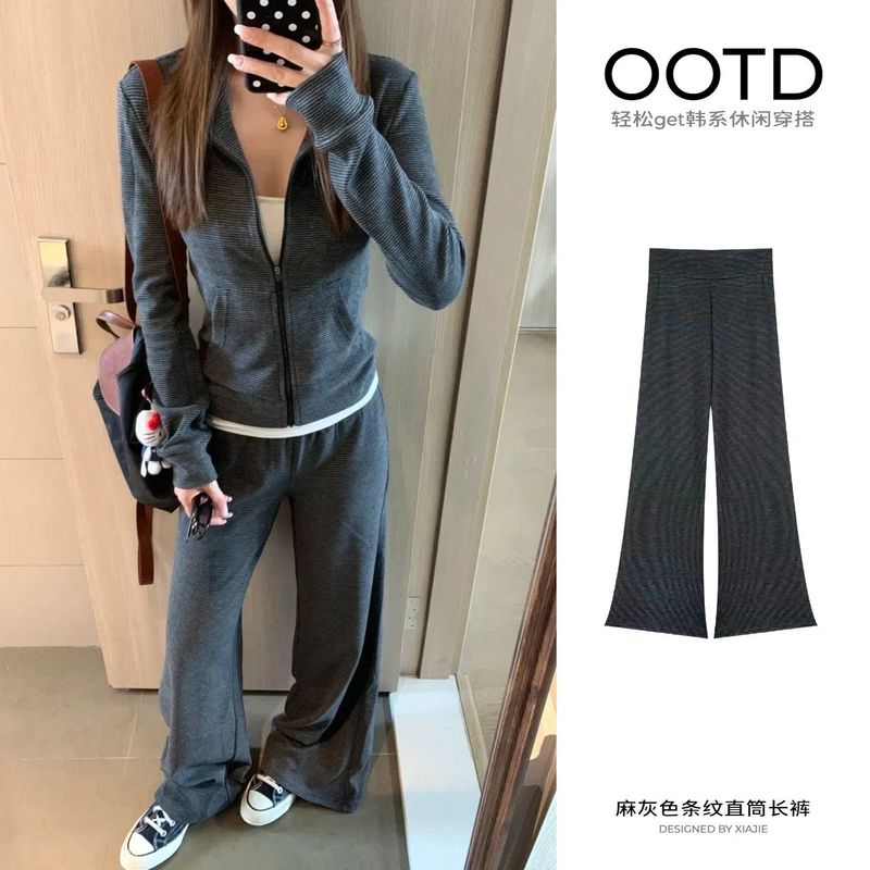 修身条纹外套女款秋2025新款早秋灰色上衣韩系运动套装老钱风穿搭|undefined