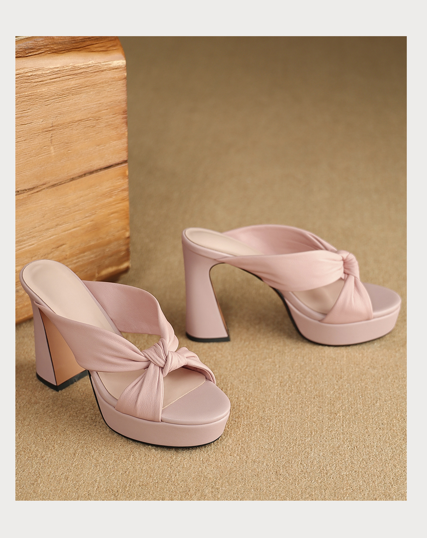 Sandal cao gót nữ mũi hở da cừu mềm, đế xuồng platform, gót vuông 8-10cm, nơ bướm — Hồng 8cm, Xanh da trời 10cm, Hồng 10cm, Trắng kem 8cm chi tiết 22