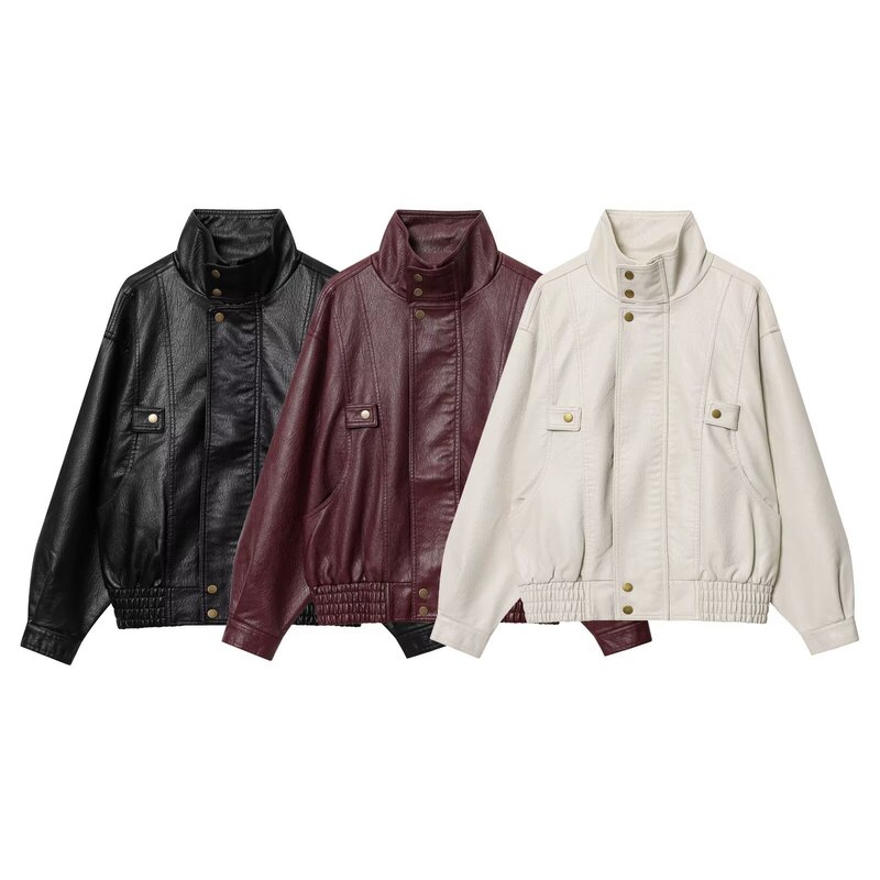 Y20664 25Th Autum New Casual Retro Long Loose Fashionable Stand-Up Collar Pu Leather Washed Leather Jacket Y20664 25Th Autum New Casual Retro Long Loose Fashionable Stand-Up Collar Pu Leather Washed Leather Jacket