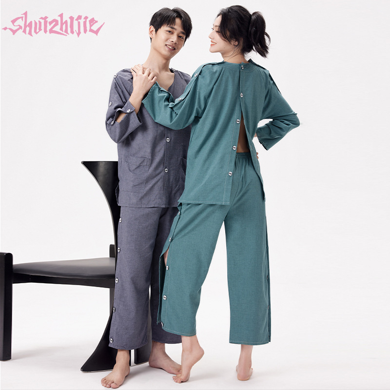 厂家2026新款棉麻艾灸服前后开扣汗蒸服背开足疗按摩情侣款客人用