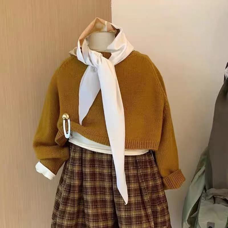 韩版男女童套装2025新款秋季洋气宝宝时髦针织衫格子休闲裤两件套|undefined