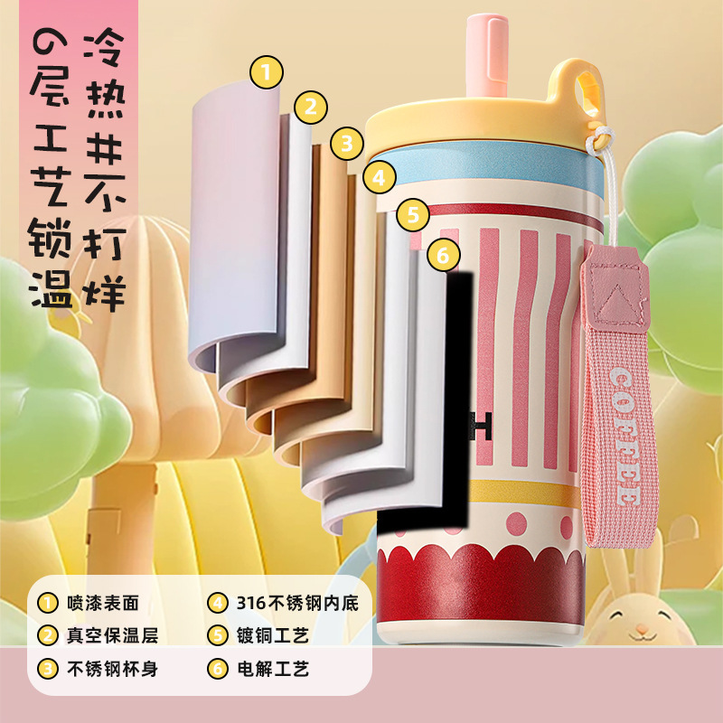 新しい 316 ステンレス鋼魔法瓶カップ女性のためのポータブル高価値大容量ストローコーヒーカップかわいい軽い高級ウォーターカップ|undefined