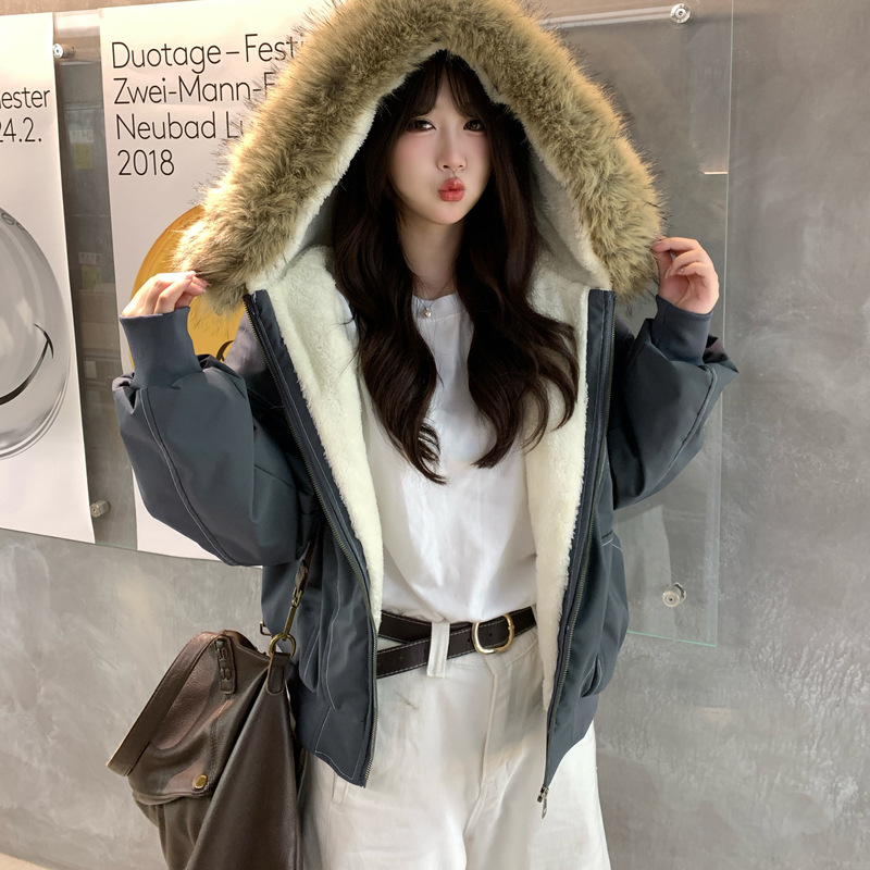 미국식 빈티지 좌산 조각 큰 털넥 면복 여성 겨울파 극복 헐렁하고 두꺼운