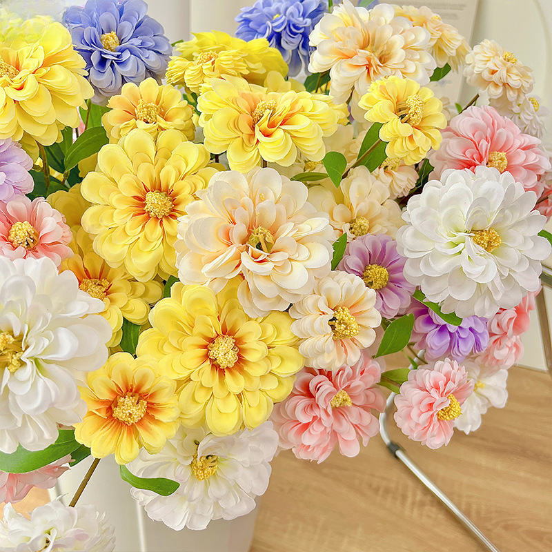3頭長枝金盞菊 花材仿真牡丹花復瓣假花絹花仿真花客廳擺件雛菊