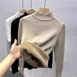 One-piece velvet semi-high collar bottoming shirt women's autumn and winter 2023 new inner sweater fleece-lined warm bottoming sweater