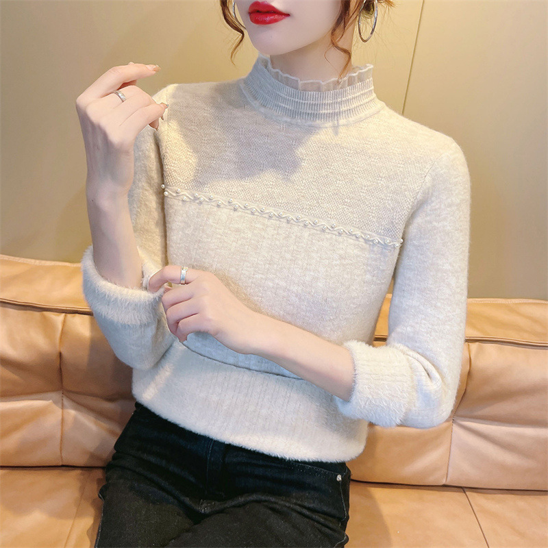 Sweet Velvet Half Turtleneck Slim Lace Inner Layering Sweater for Women 2023 Autumn and Winter Knitted Long-Sleeved Top
