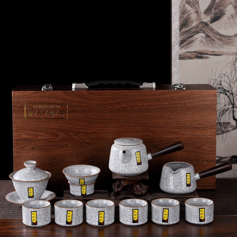 汝窯開片陶瓷功夫茶具套裝側把壺蓋碗商務會議家用開業禮品可logo