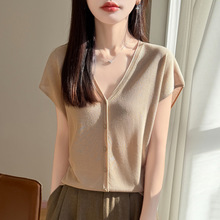 2026年春夏新款V领针织开衫小飞袖短袖女纯色宽松百搭上衣