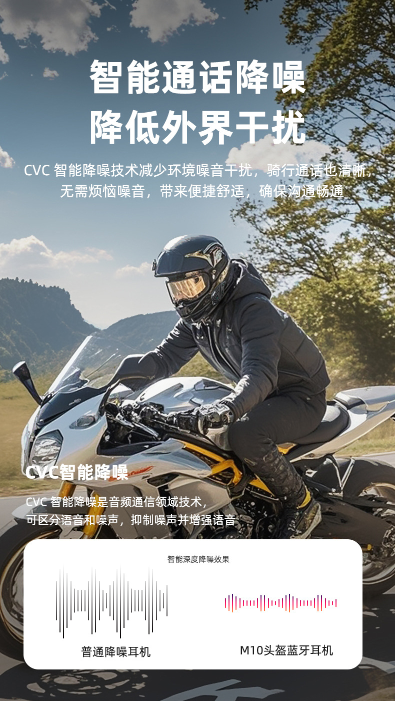 Foreign Trade Export Domestic M10 Helmet Bluetooth Headset with Long Battery Life for Full-Face Motorcycle Helmets, 5.3 Version, Head-Mounted, Long-Lasting Battery for Riding