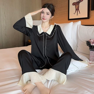 源头厂货2024春季新款睡衣女冰丝一件代发抖音直播纯色花边家居服
