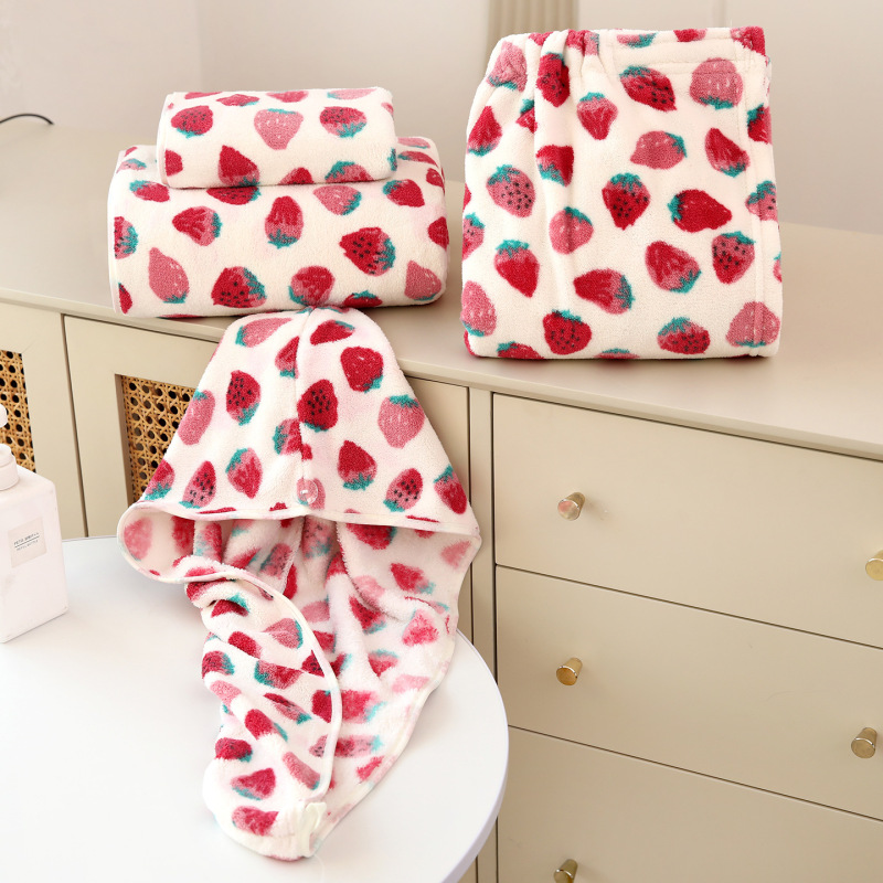 Coral Fleece Towel, Bath Towel, Cute Strawberry Hair Drying Cap, Bath Skirt, Thick Absorbent Soft Towel, Cross-Border Towel and Bath Towel Set Coral Fleece Towel, Bath Towel, Cute Strawberry Hair Drying Cap, Bath Skirt, Thick Absorbent Soft Towel, Cross-Border Towel and Bath Towel Set