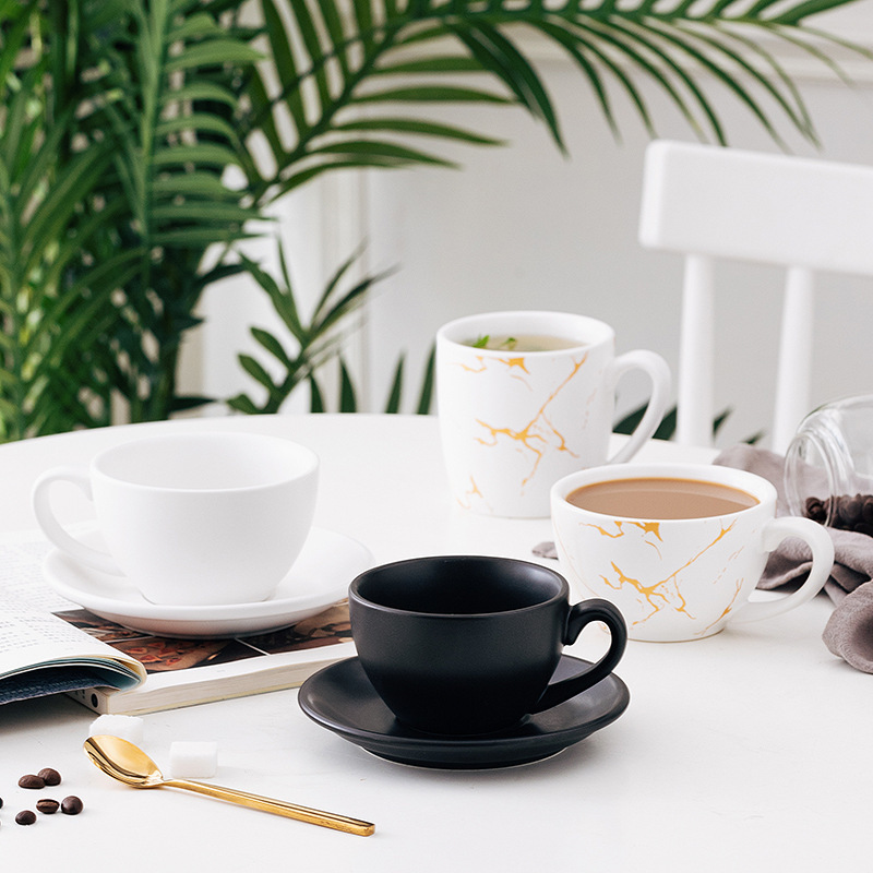 Simple Matte Black and White European Style Coffee Cup and Saucer Set Pull Cup Ceramic Concentrated Cappuccino Latte Mug